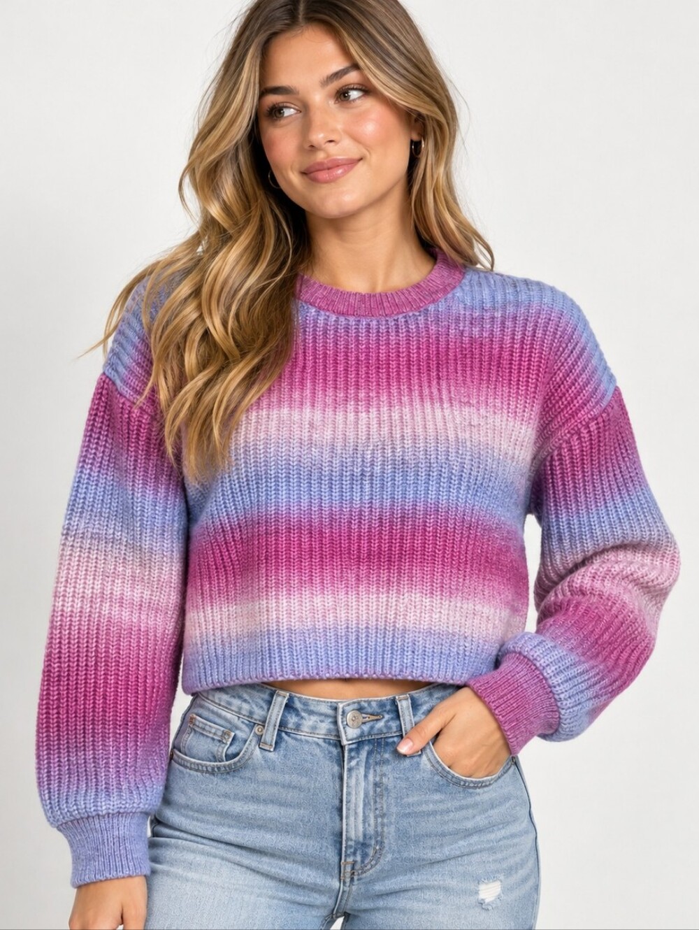 ​SO Pink Purple Ombre Striped Cropped Sweater Crew Neck Ribbed Juniors 18 Plus​